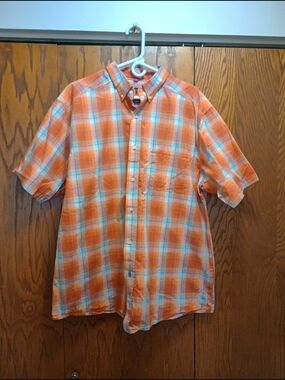 Men's Orange Plaid Short-Sleeve Button-Up Shirt